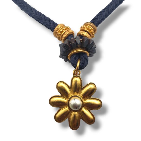 Pulcinno Black Corded Collar Necklace Matte Brushed Gold Tone Flower Pendant - Picture 2 of 11